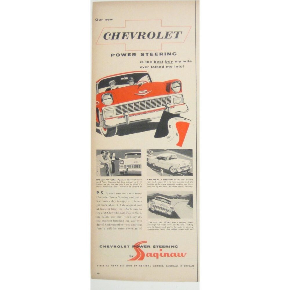 1956 Vintage Chevrolet Power Steering Print Ad By Saginaw MOD